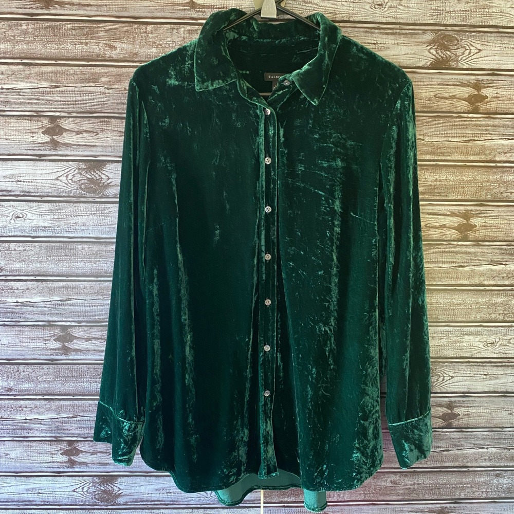 Talbots Women's Long-Sleeved Button-Down Top Size L Green Crushed Velvet